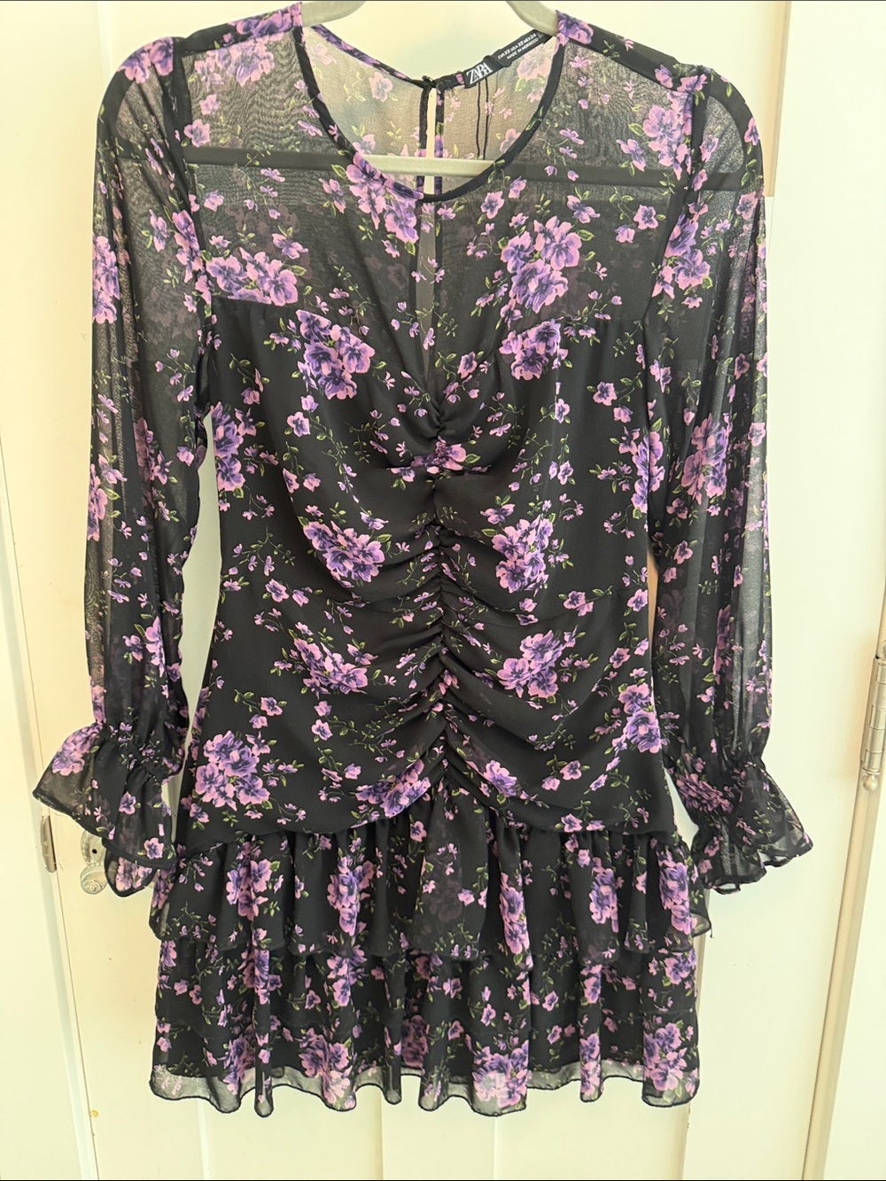 Zara Floral Ruched Black and Purple Long Sleeve Dress xs